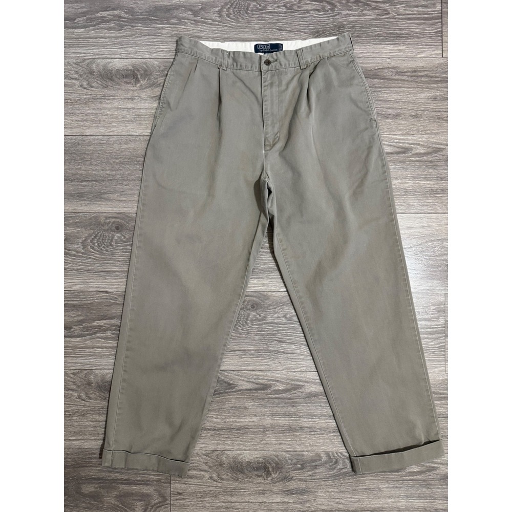 Polo Ralph Lauren Hammond Pant Mens 34x32 Pleated Cuffed Cotton Chino Olive Gray
